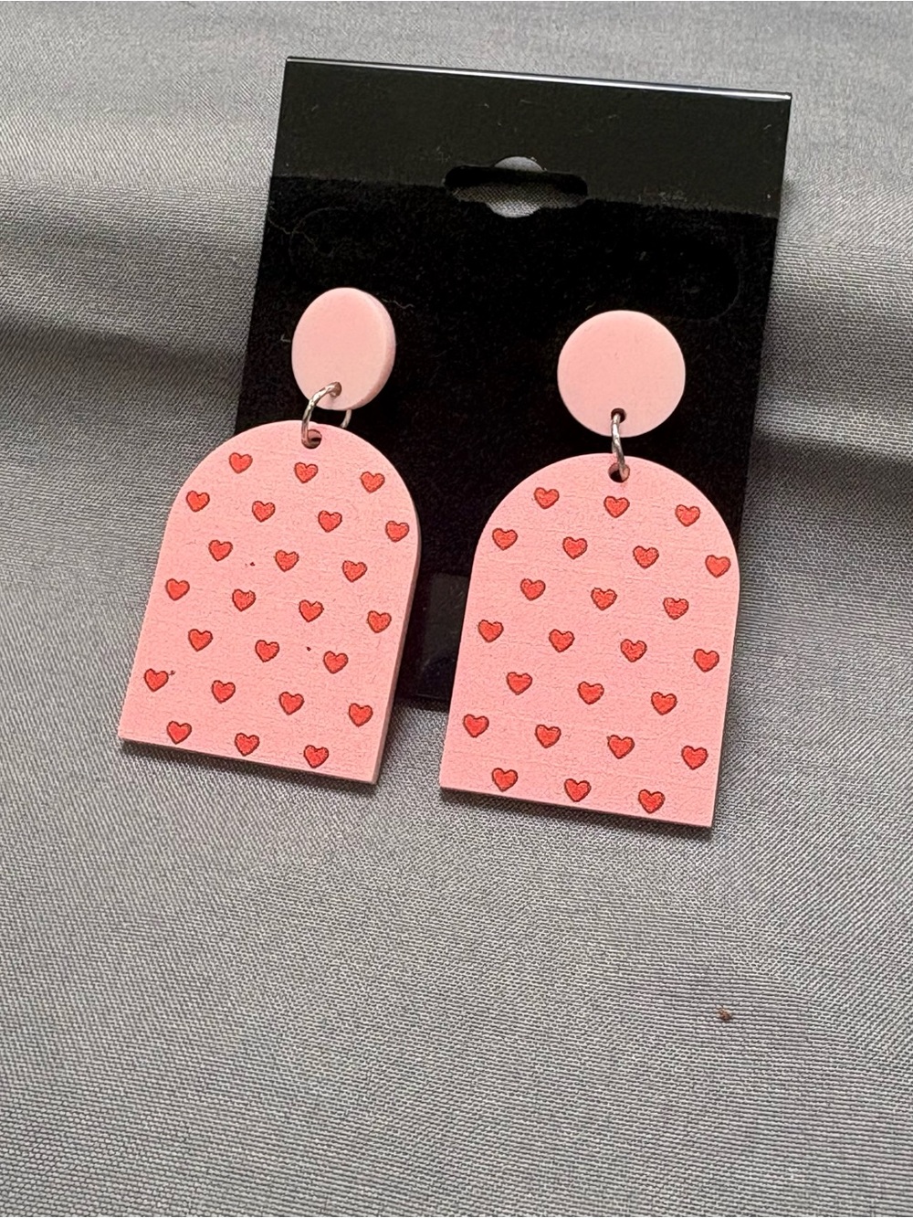 Pink Arch Drop Earrings with Red Heart Print